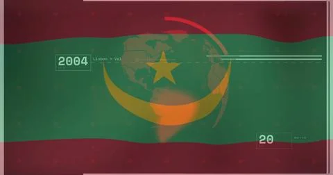 Displaying interface showing dotted globe over red green bars, with yellow Stock Illustration