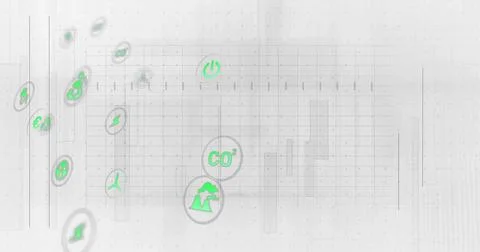 Displaying interface showing neon green, gray energy icons over faint grid with Illustrazione stock
