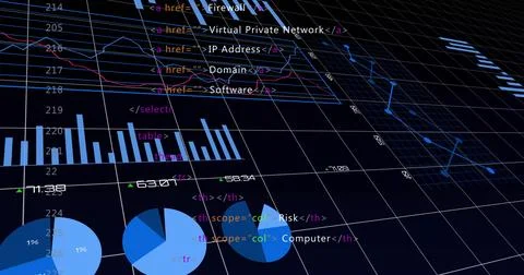 Displaying interface on translucent 3D grid, with pie charts bar chart line Stock Photos