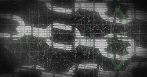Displaying interlocking chain link graphic over dark tech dashboard, showing Illustrazione stock