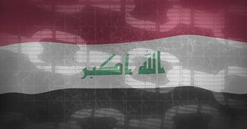 Displaying Iraqi flag with Kufic script in digital backdrop featuring code and イラスト素材