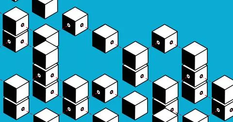 Displaying isometric cube pattern across cyan backdrop, featuring stacked Stock Photos