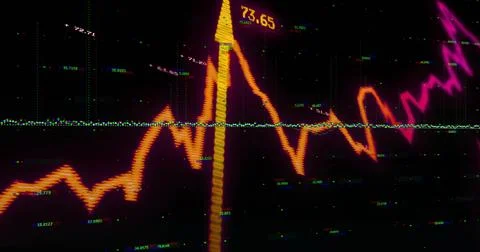 Displaying jagged orange line graph tracing sharp ups and downs on dark screen Illustrazione stock