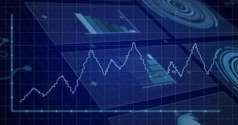 Displaying jagged teal line chart plotting on grid at analytics UI, showing axes Stock Photos