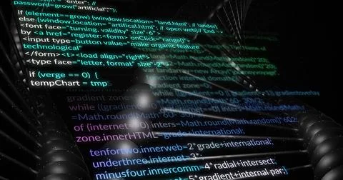 Displaying JavaScript and HTML code overlay on engine wall, with metal coils and Stock Illustration