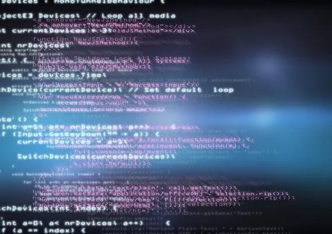 Displaying JavaScript C# HTML code overlaying blurred blue gradient, light Stockillustratie