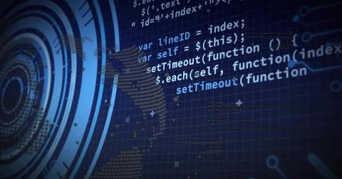 Displaying JavaScript code scrolling across dashboard, showing grid, HUD rings, Stock Illustration