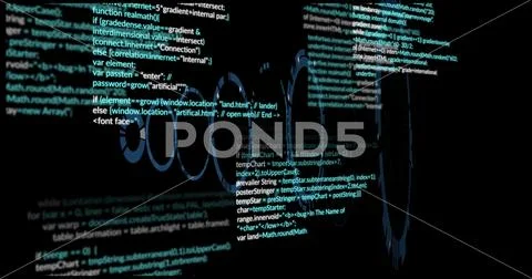 Displaying JavaScript code scrolling over wireframe spheres on black backdrop, イラスト素材