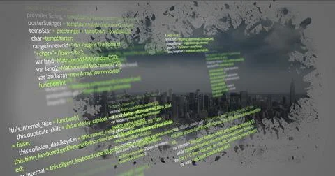 Displaying JavaScript snippets and ink splatter blending over skyline under 스톡 사진