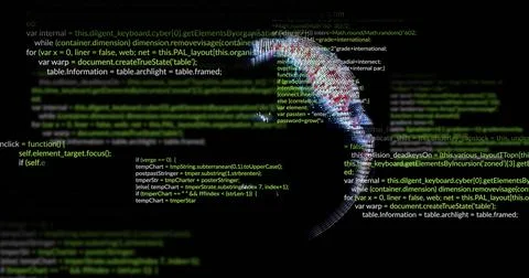 Displaying JavaScript UI showing highlighted code lines and 3D wireframe head on Stock Illustration
