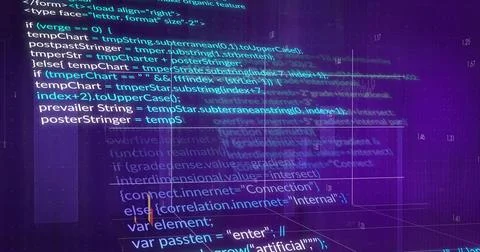 Displaying JS code snippets and numeric overlays hovering in hologram UI panels Stock Photos
