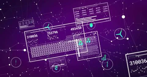 Displaying keyboard panel over purple network grid, with data windows and Illustrazione stock
