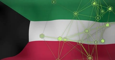 Displaying Kuwait flag with neon network overlay in digital graphic, showing hex Stock Illustration