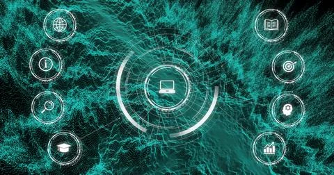 Displaying laptop interface glowing inside rings over teal waveforms in network, Stock Illustration