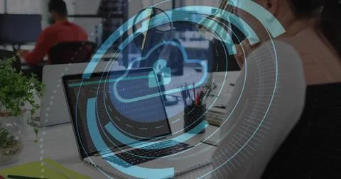 Displaying laptop projecting cloud-lock overlay on screen at open office, with Stock Photos