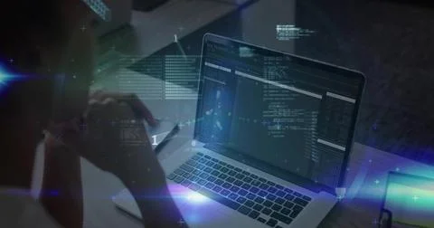 Displaying laptop running code on home desk workspace, woman in casual top with Stock Photos