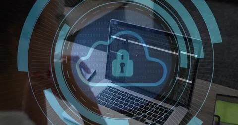 Displaying laptop showing code, cloud-lock overlay in home office, woman in Foto stock