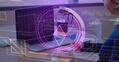 Displaying laptop showing code on desk with purple HUD phone notebook woman Stock Photos