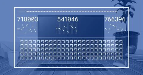 Displaying laptop showing numeric codes and grid on dark screen at home office, Foto stock