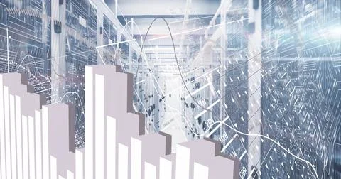 Displaying large 3D bar chart model emerging within modern data center corridor, Stock Illustration