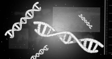 Displaying large 3D DNA helix dominating center in lab dashboard, with smaller Stock Illustration