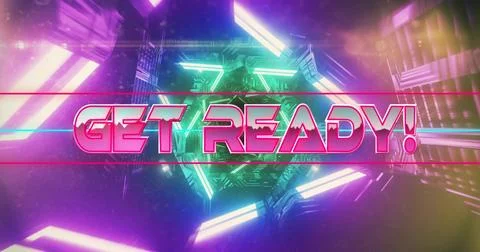 Displaying large 3D 'GET READY!' headline glowing, bisected by scan lines in Illustrazione stock