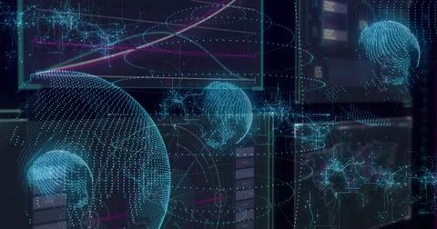 Displaying large 3D globe floating in tech interface, orbiting rings and Foto stock