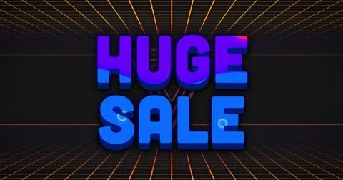 Displaying large 3D text HUGE SALE on banner, orange-grid, V-rays, dark-band, Stock Illustration