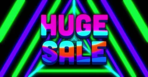 Displaying large 3D text 'HUGE SALE' glowing on digital advertisement, with neon Stockillustratie