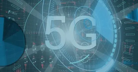 Displaying large 5G typography streaming over dark technology dashboard, with Stock Photos