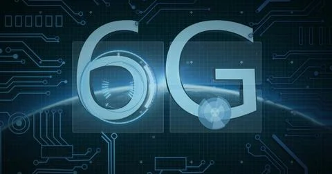 Displaying large 6G element with circular HUD and partial globe on tech UI, Stock Illustration