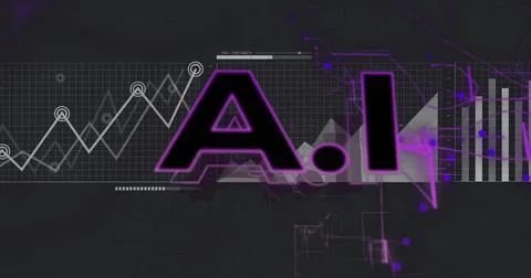 Displaying large AI text glowing over dark grid, with line chart markers, Stock Photos