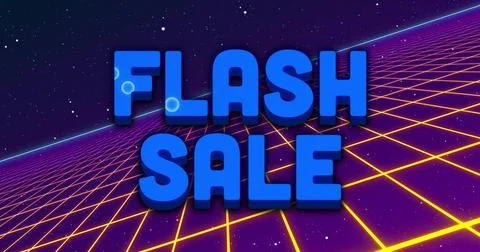 Displaying large blue 3D text 'FLASH SALE' on neon grid as neon banner, with Stock Illustration