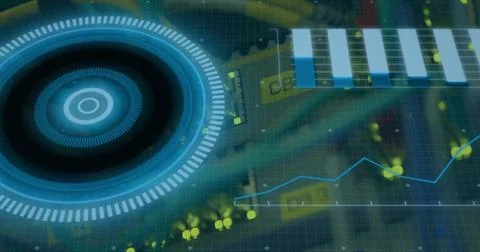 Displaying large blue circular HUD dial glowing over teal grid, with vertical Stock Illustration