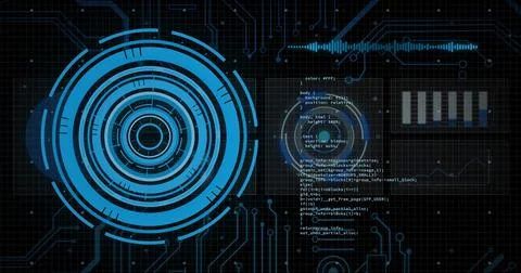 Displaying large blue concentric circular HUD on left, integrating code text, Foto stock