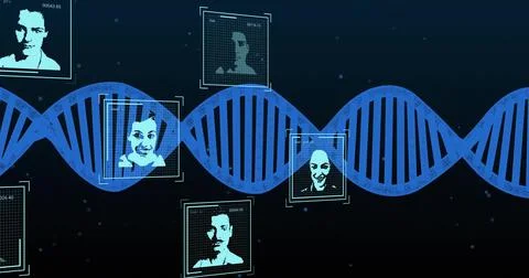 Displaying large blue DNA helix across dashboard, showing framed portraits with Stockillustratie