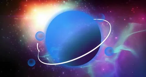 Displaying large blue planet glowing under rim lighting in deep space, bright Stock Illustration