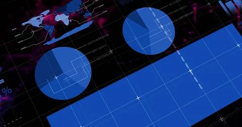 Displaying large blue rectangular bar on grid, with chart overlays, data Stock Photos