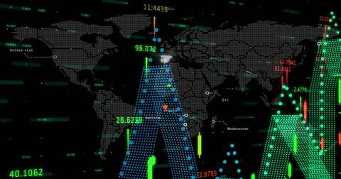 Displaying large blue triangular dotted chart rising over dotted world map, with Stock Photos