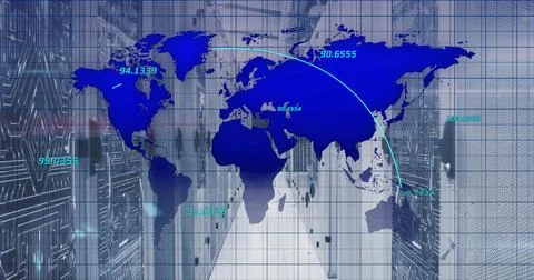 Displaying large blue world map overlaying data center, featuring server racks 스톡 일러스트