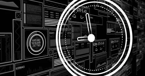 Displaying large circular gauge HUD sitting center-right on dashboard with data Illustrazione stock