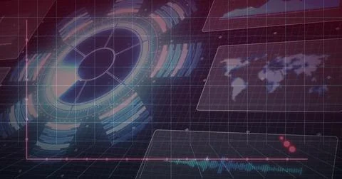 Displaying large circular holo interface left over 3D grid, HUD panels worldm Stock Illustration