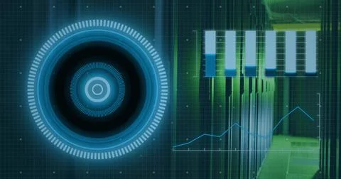 Displaying large circular HUD left in server room, with bar-chart and Stock Photos