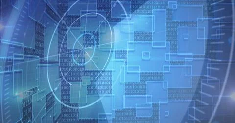 Displaying large circular HUD reticle showing layered nodes and binary digits in Stock Illustration