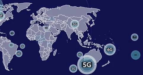 Displaying large circular icon labeled 5G overlaying world map, with 6G icons Stock Photos