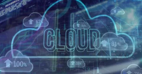 Displaying large cloud labeled CLOUD dominating digital HUD at center, showing Stock Photos