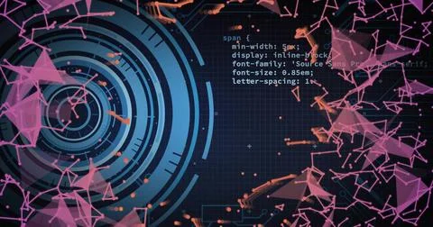 Displaying large concentric blue HUD rings rotating on dark navy grid, with Stock Illustration