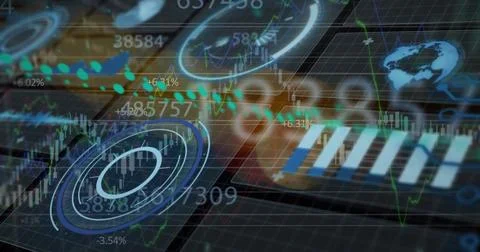 Displaying large concentric chart over futuristic interface, with glowing nodes Stock Illustration