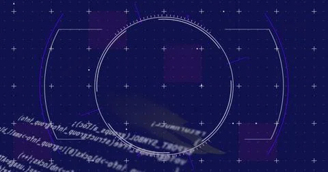 Displaying large concentric HUD ring glowing in virtual UI, plus-sign grid and Stock Photos