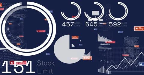 Displaying large concentric rings at left on navy UI, pie chart counters, Play Illustrazione stock